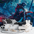 Motocross wallpaper bringing vibrant energy to a modern teen bedroom with neon accents