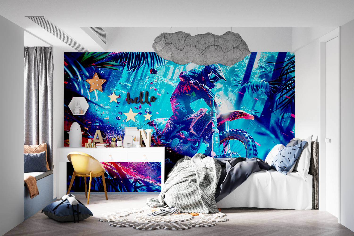 Sports mural creating an epic gaming room atmosphere with dramatic motocross scene