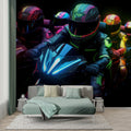 Motocross racing wallpaper in modern teen bedroom with neon glow effects