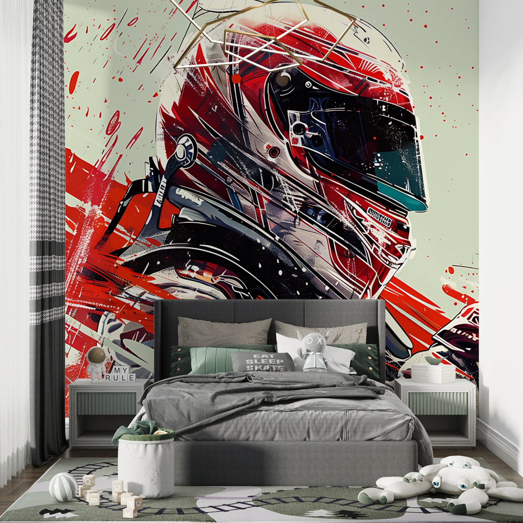 Motorsport themed wall mural adds energy to man cave with gaming setup