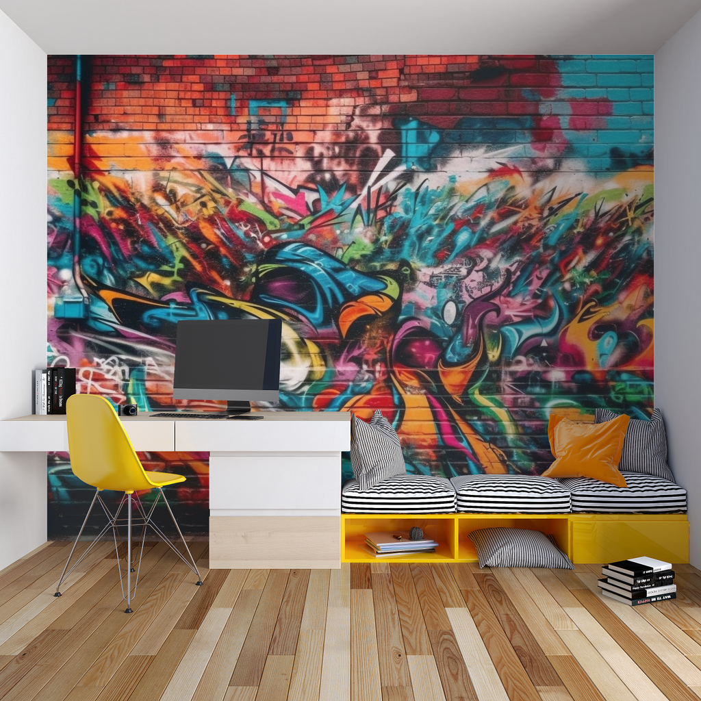 Cosmic skateboarding mural featured in a modern entertainment room