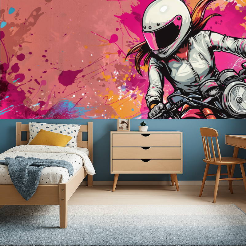 Motorcycle street art wallpaper transforming game room with modern gaming setup
