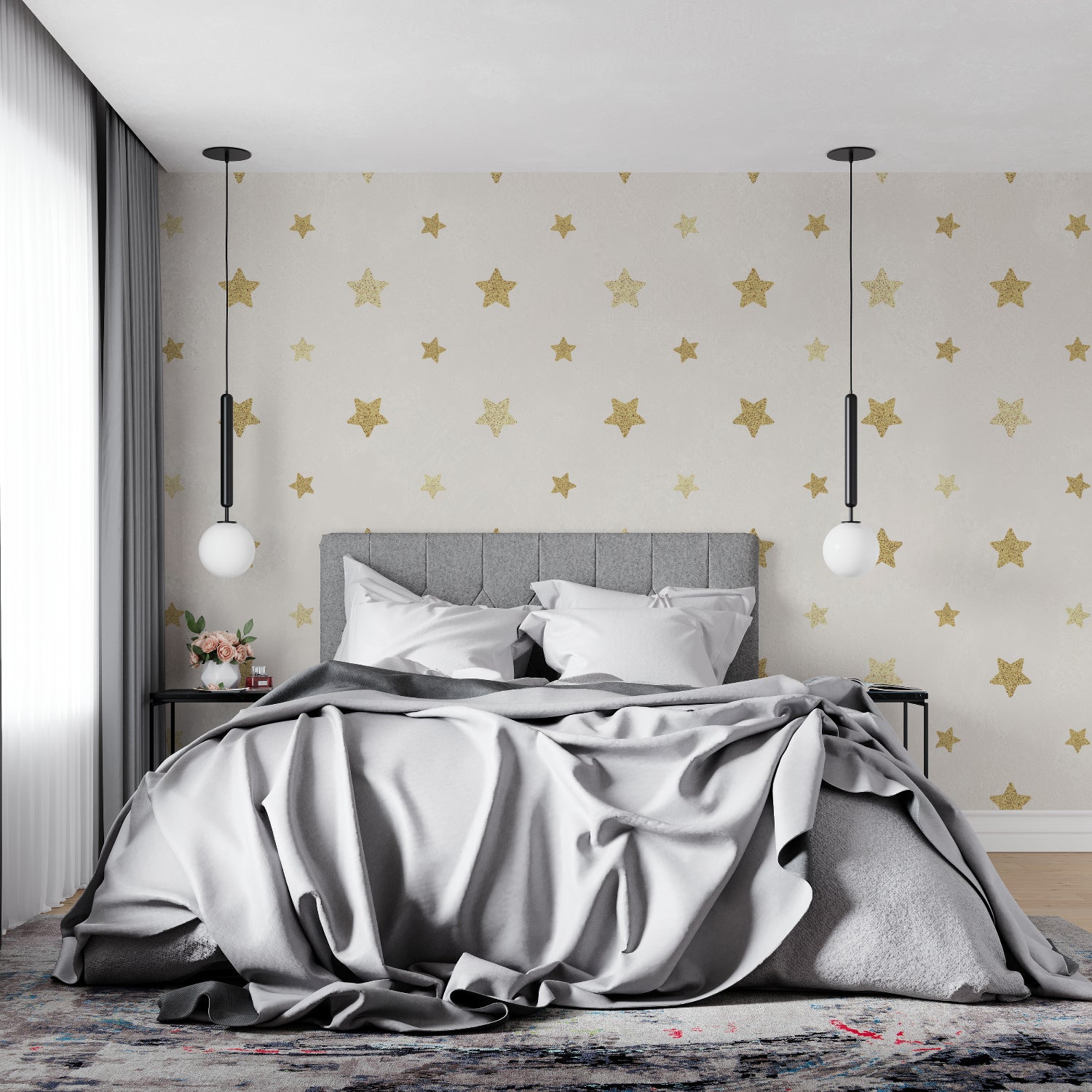 Celestial wall mural bringing elegance to a sophisticated dining room setting