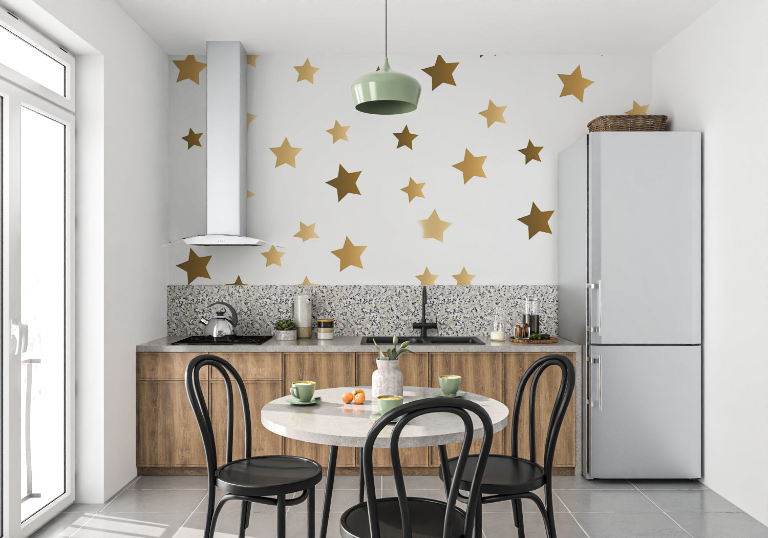 White and gold star wallpaper in a nursery with gentle morning light