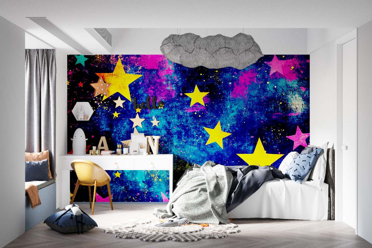 Colorful stars wallpaper bringing magic to teenage bedroom with study area