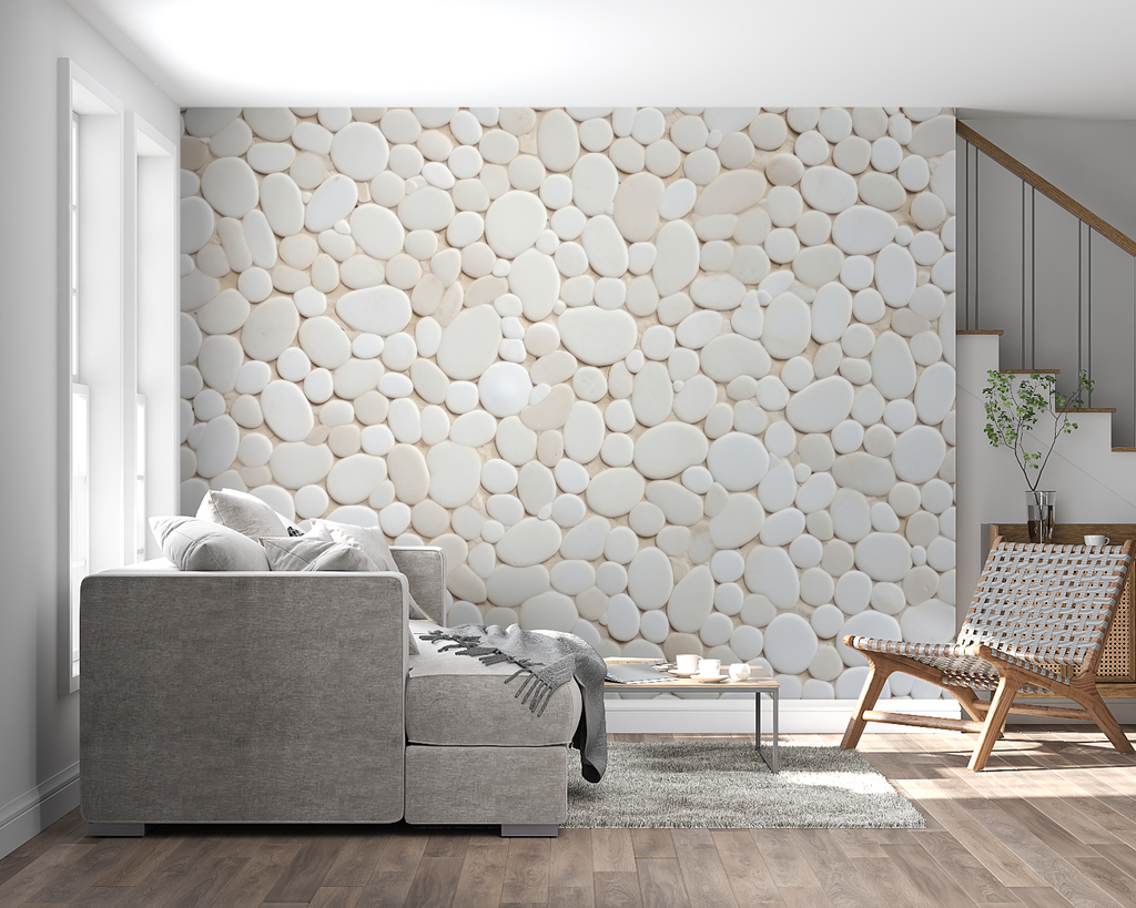 White pebble wall mural adding depth to a peaceful living room