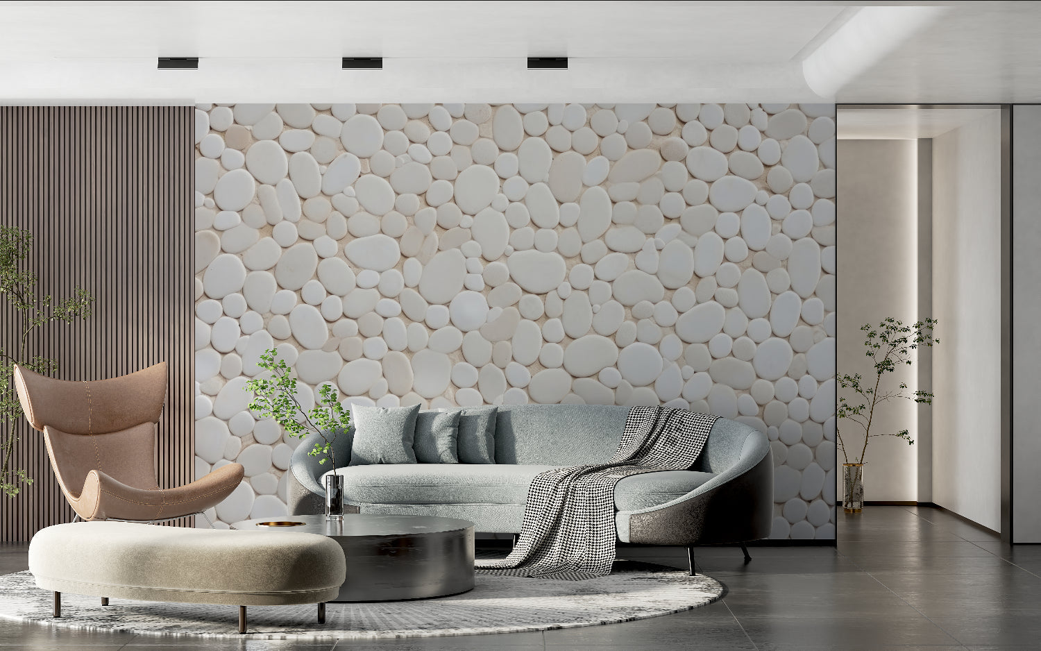 3D stone wallpaper creating a calming feature wall in a dining room