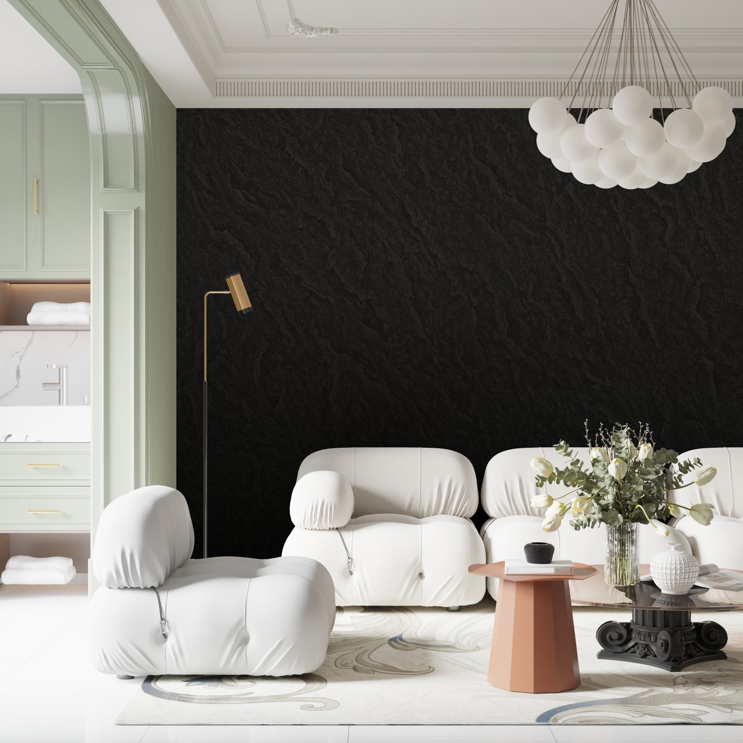 Stone texture wall mural in upscale hotel lobby showing scale and depth