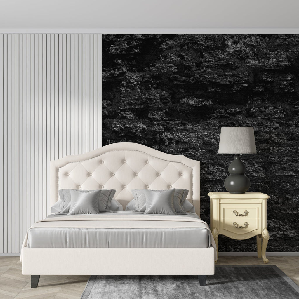 Stone effect wall mural in luxury master bedroom with mood lighting