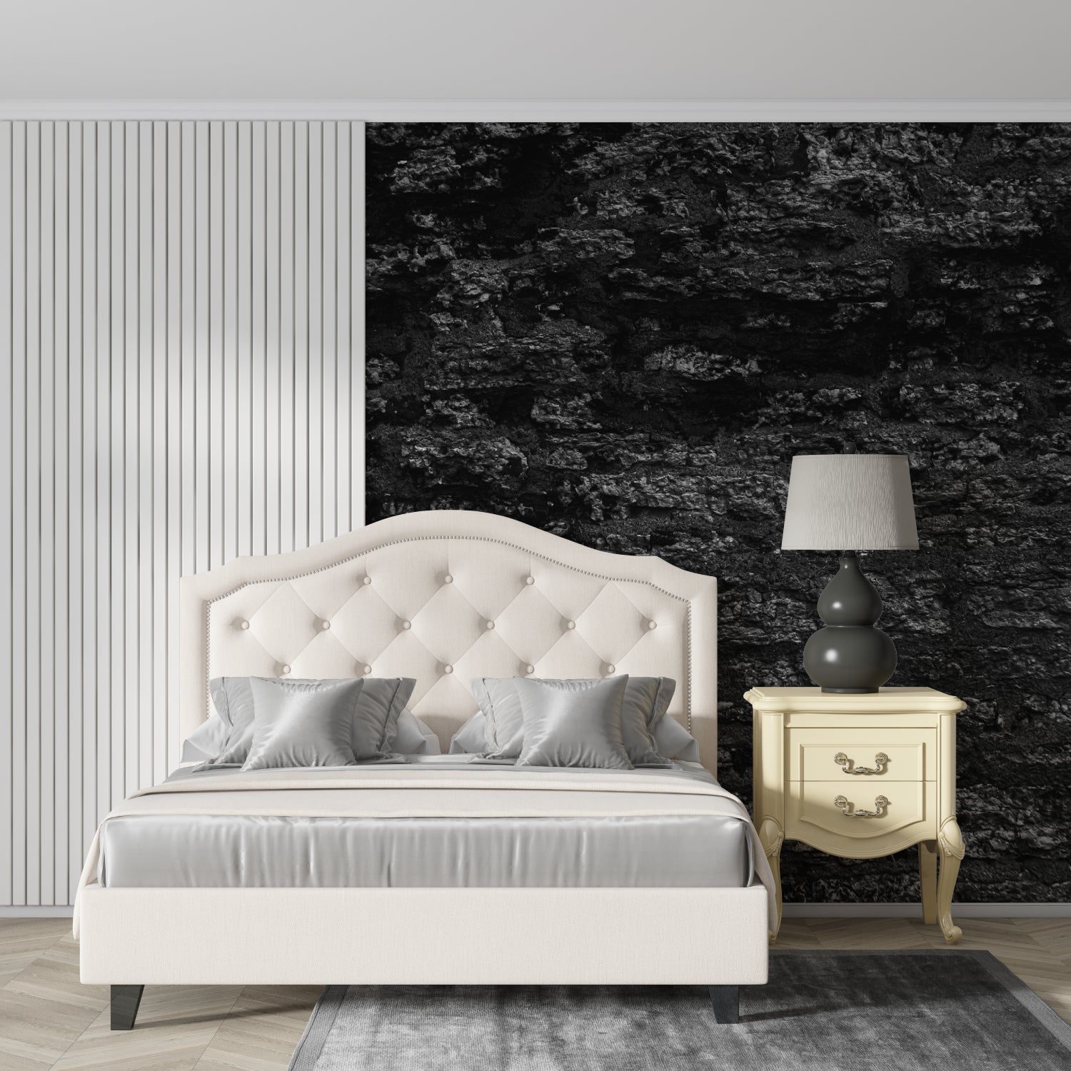 Stone effect wall mural in luxury master bedroom with mood lighting