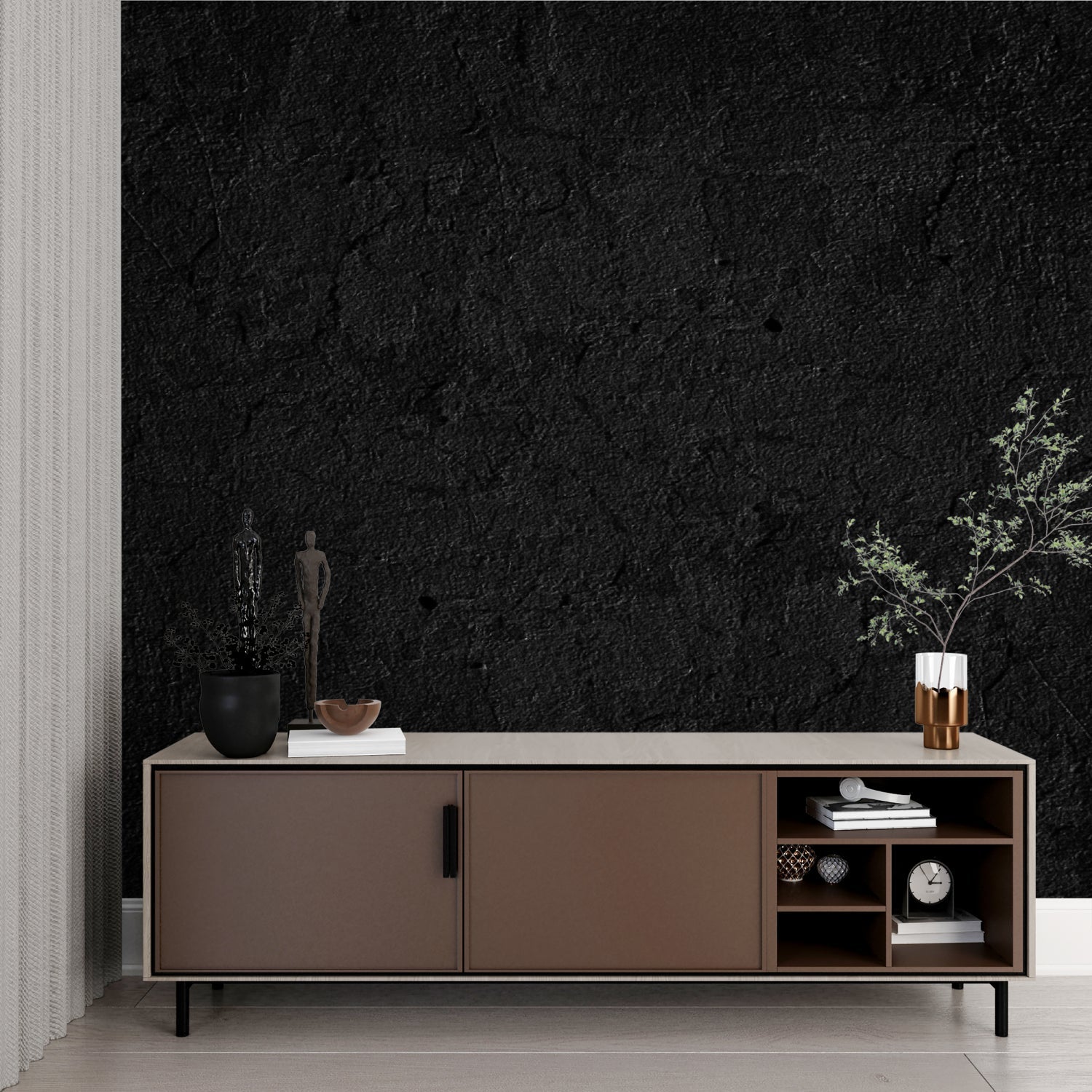 Modern office space featuring dark stone texture wall mural behind sleek desk setup