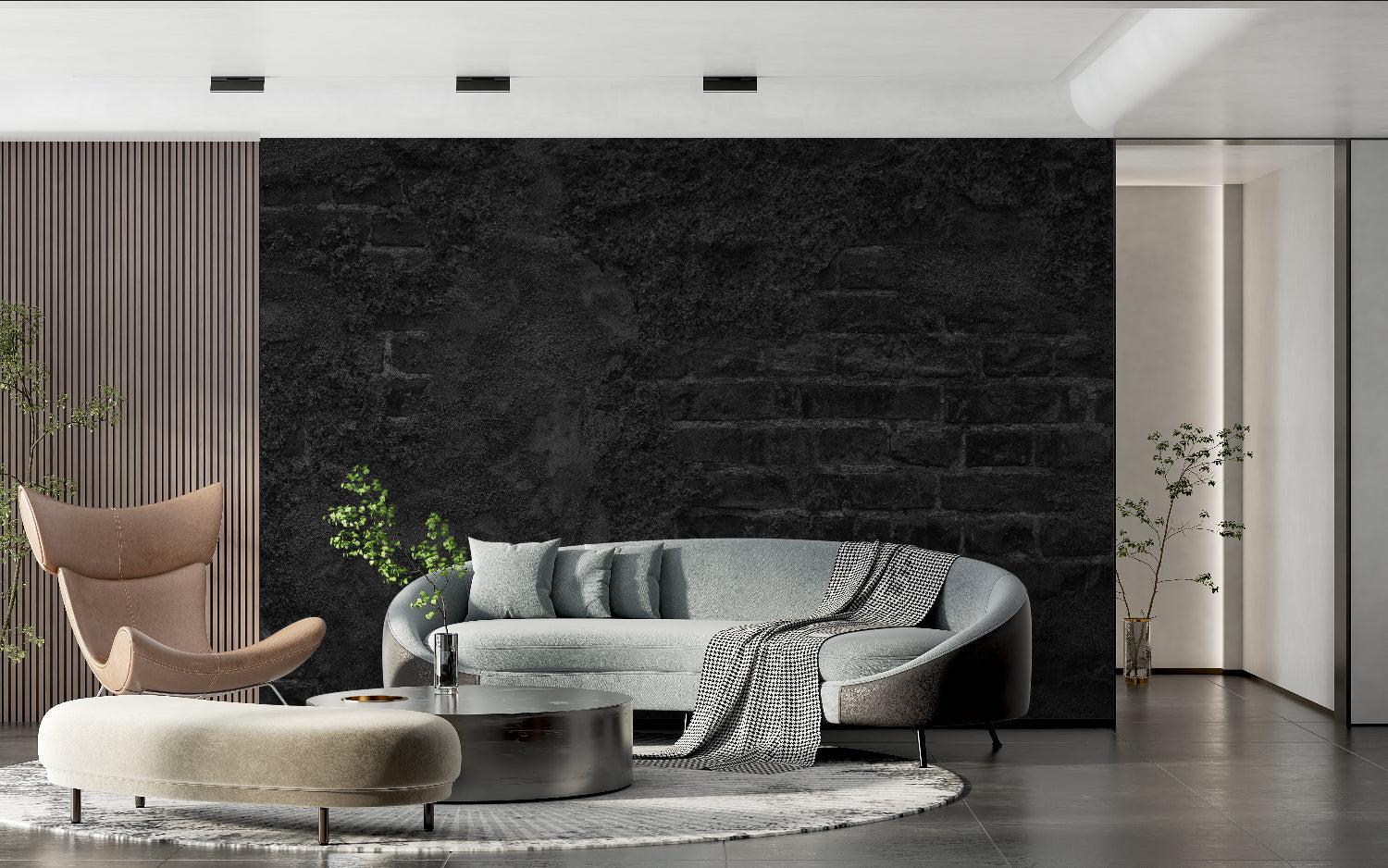 Dark stone textured wallpaper in modern living room with grey sofa and minimal decor