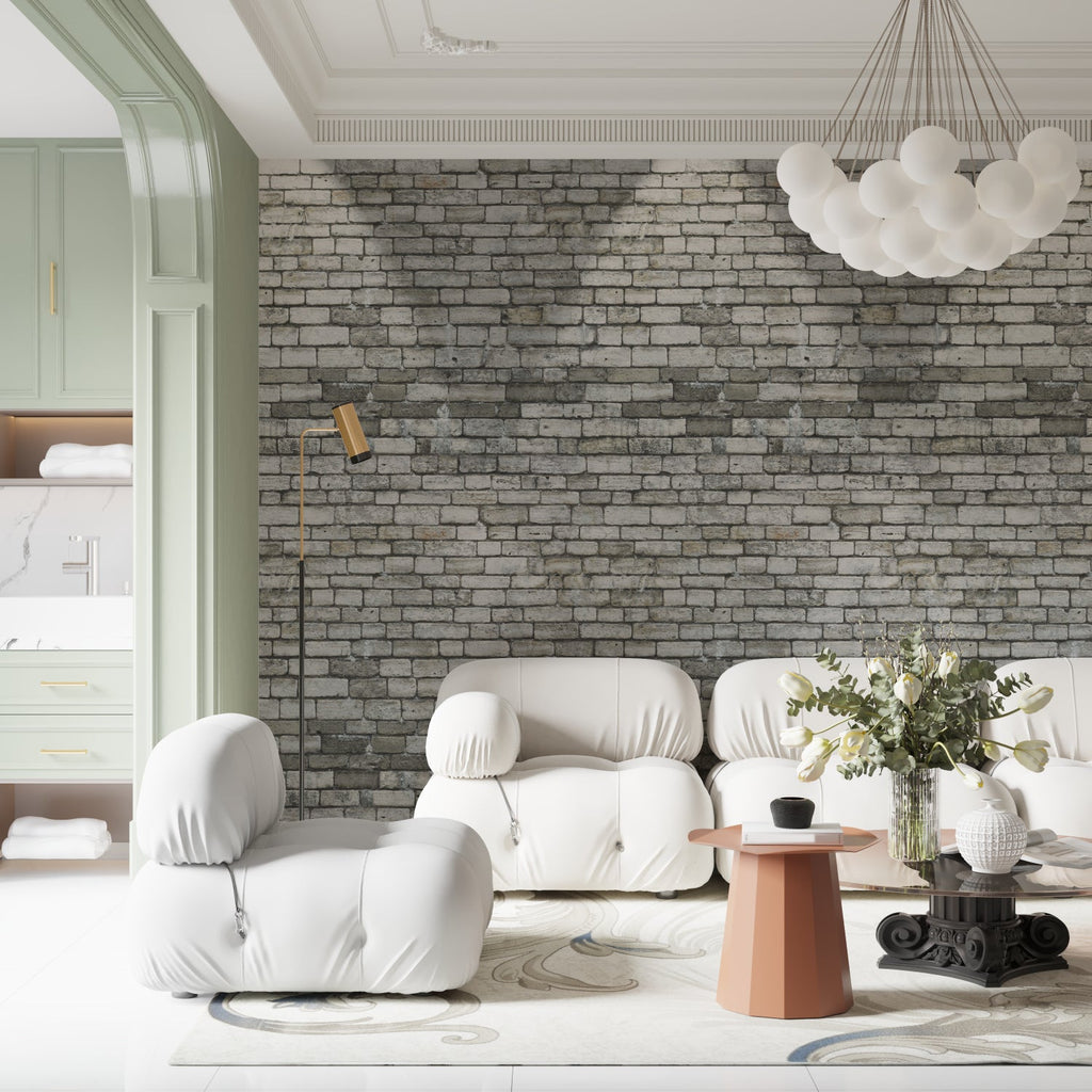 Stone wall mural installation in dining room with modern furniture