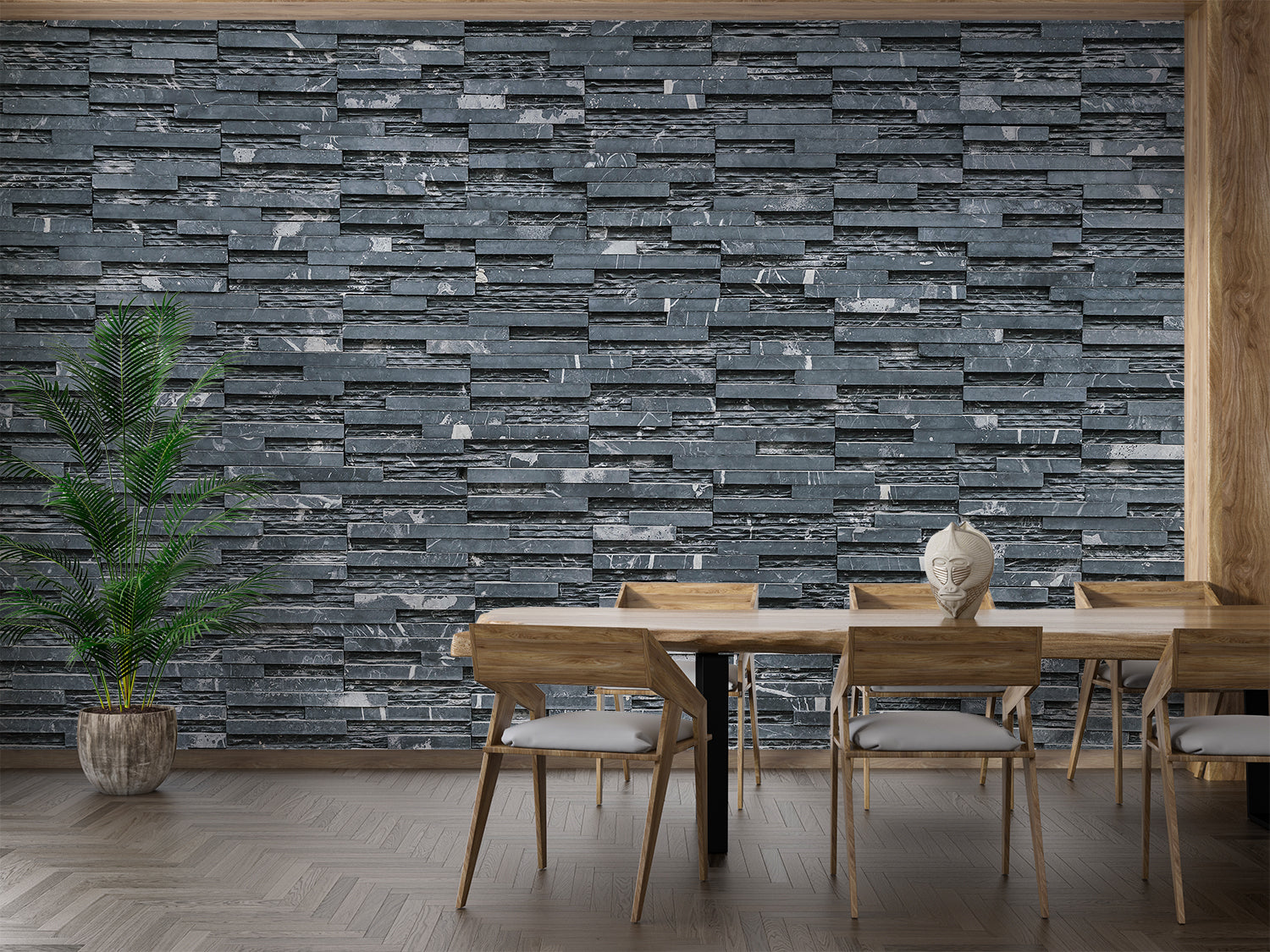 Industrial stone wall mural in office space creating professional atmosphere