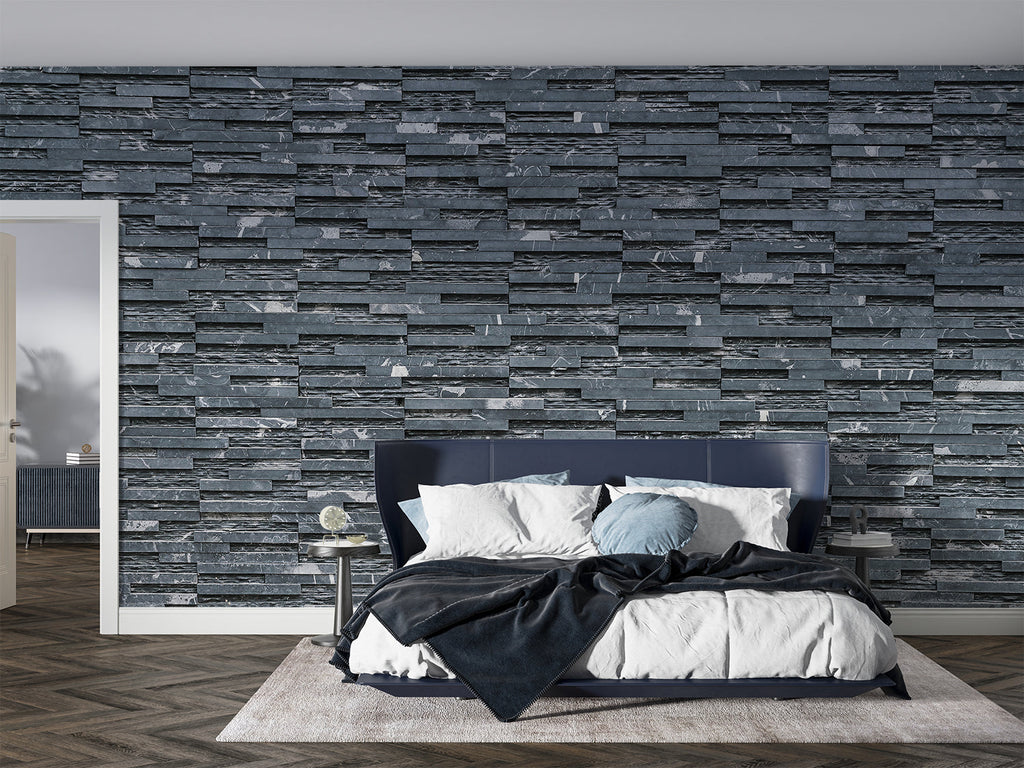 Grey slate wall covering in bathroom showing water-resistant properties