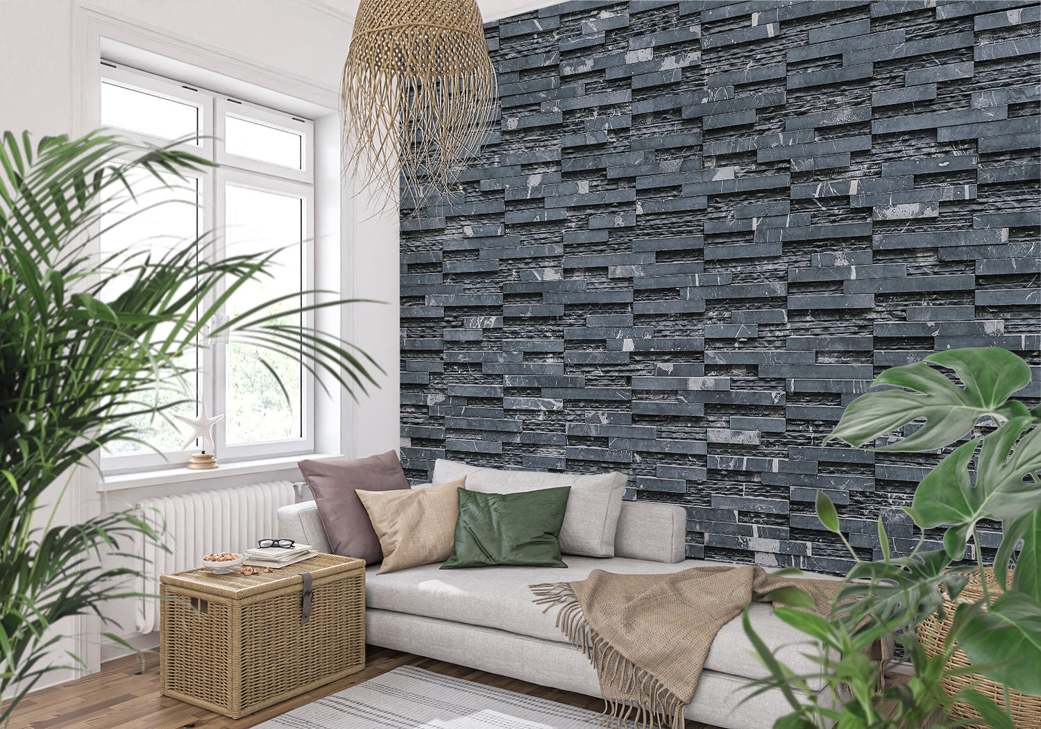 Stone wallpaper in hallway demonstrating natural light interaction