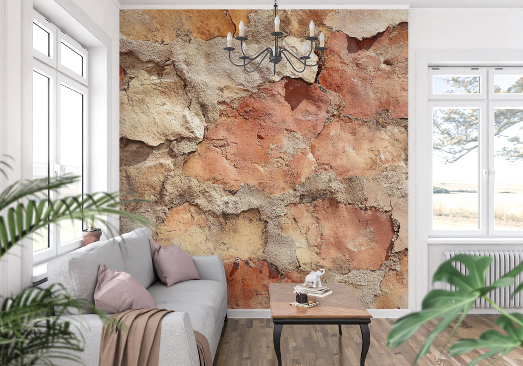 Rustic stone wallpaper bringing texture to a bright home office