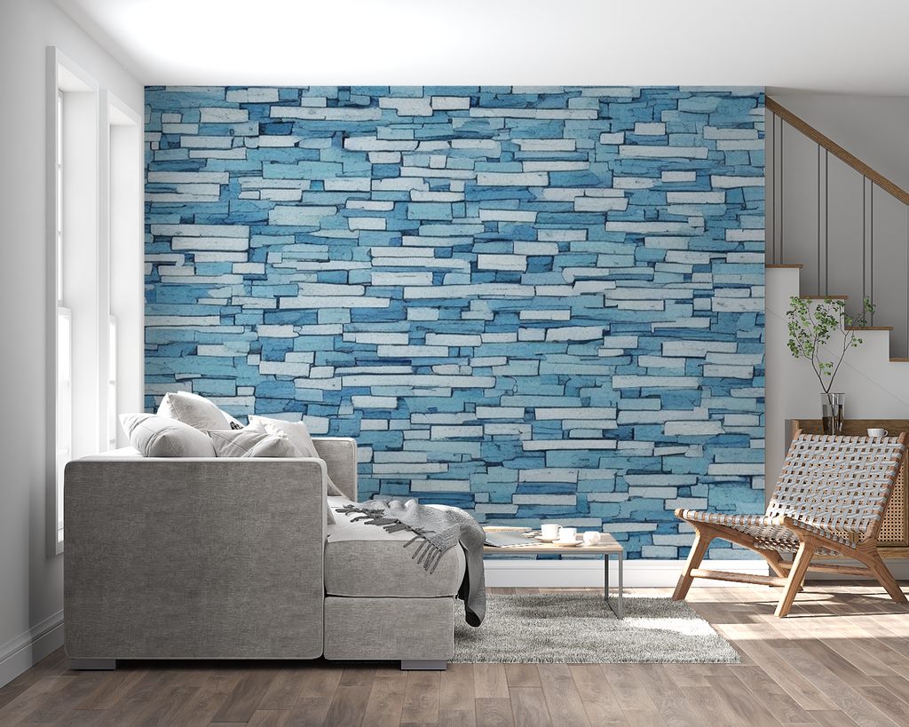 Modern blue stone wallpaper in bright contemporary living room with minimal furniture