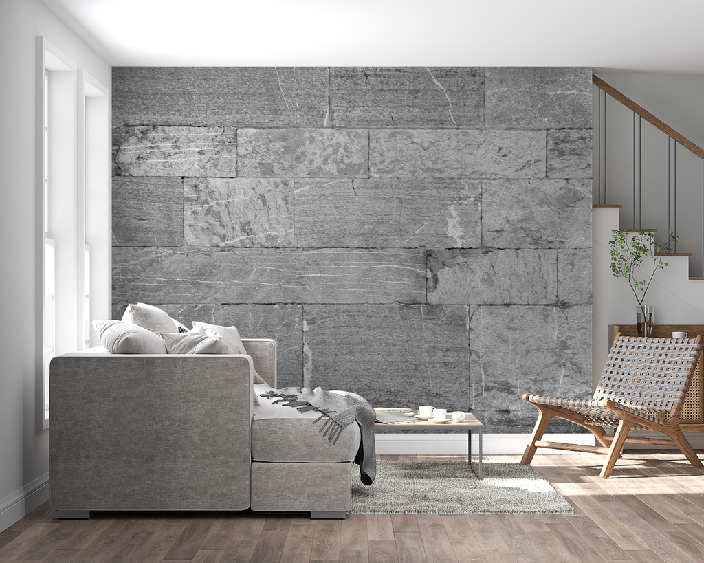 Grey block wall mural adding texture to dining room feature wall