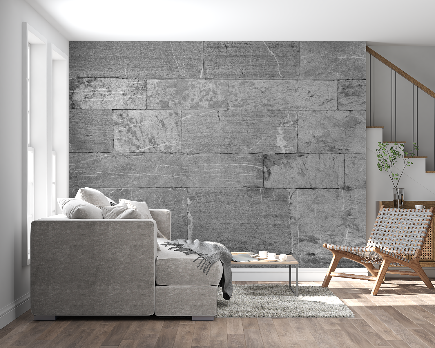 Grey block wall mural adding texture to dining room feature wall