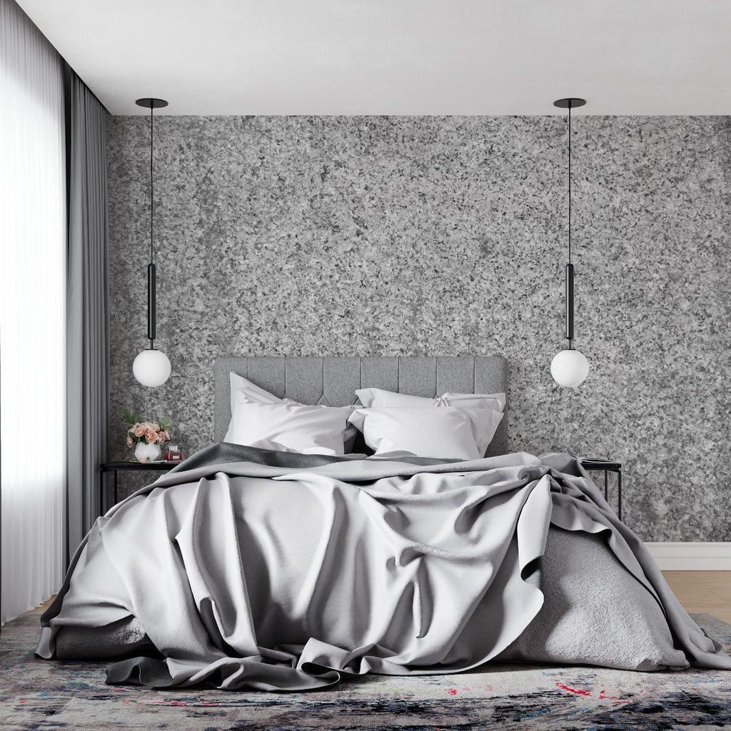 Grey marble effect wallpaper showcased in contemporary dining room with pendant lighting