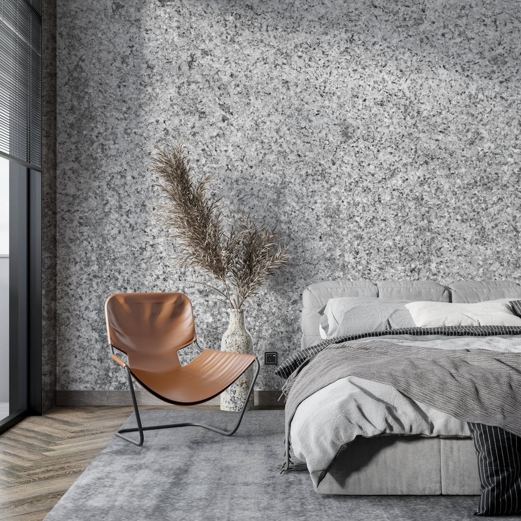 Stone effect wall mural in minimalist hallway, adding depth and texture