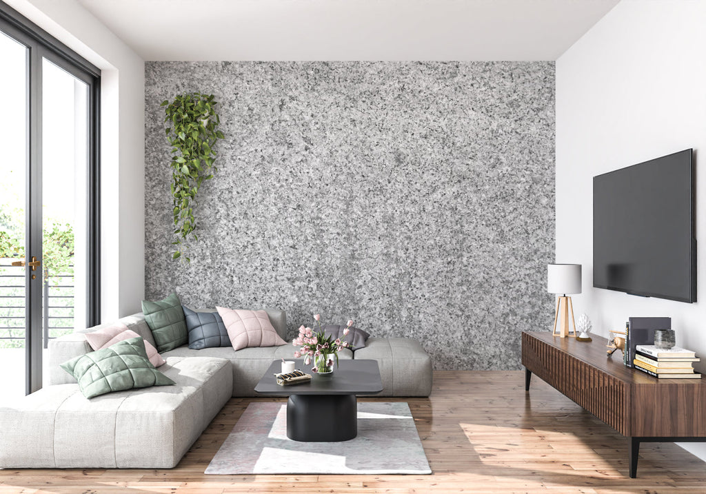 Modern grey marble wallpaper featured in master bedroom, creating a sophisticated atmosphere