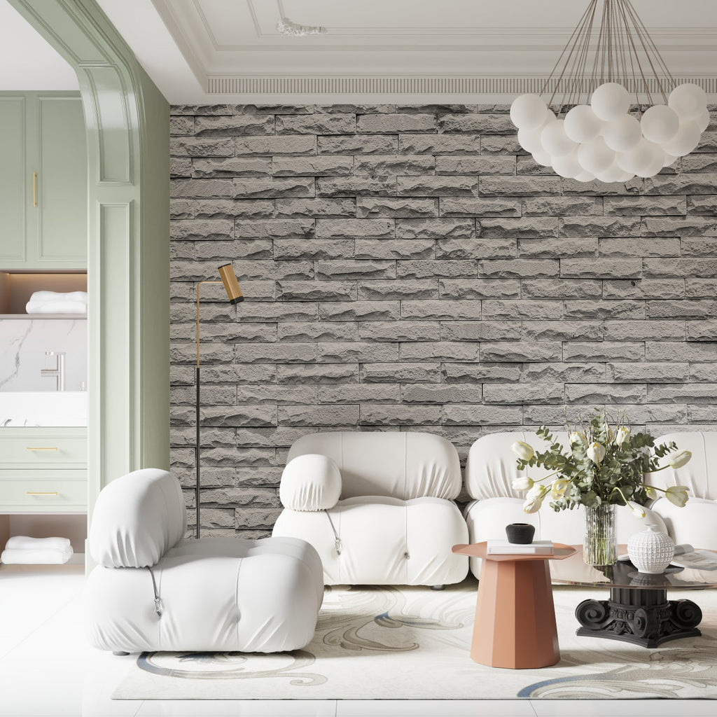 Modern grey stone wallpaper creating depth in a minimal living room setting