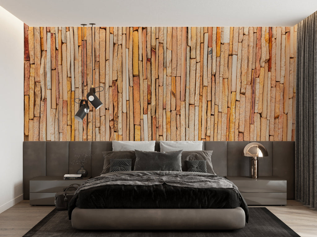 Natural stone effect wallpaper in modern living room, showing vertical pattern that enhances room height