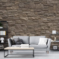 Stone effect wallpaper in modern living room showing natural brown tones and realistic texture