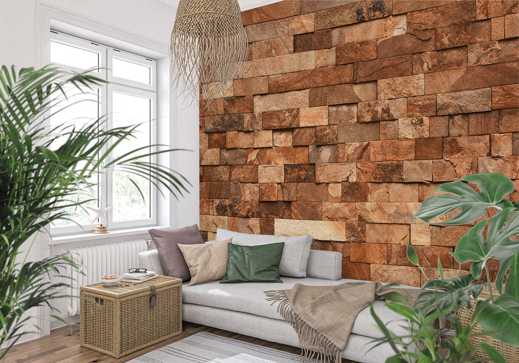 Stone brick wallpaper creating a cozy atmosphere in a modern living room with natural light