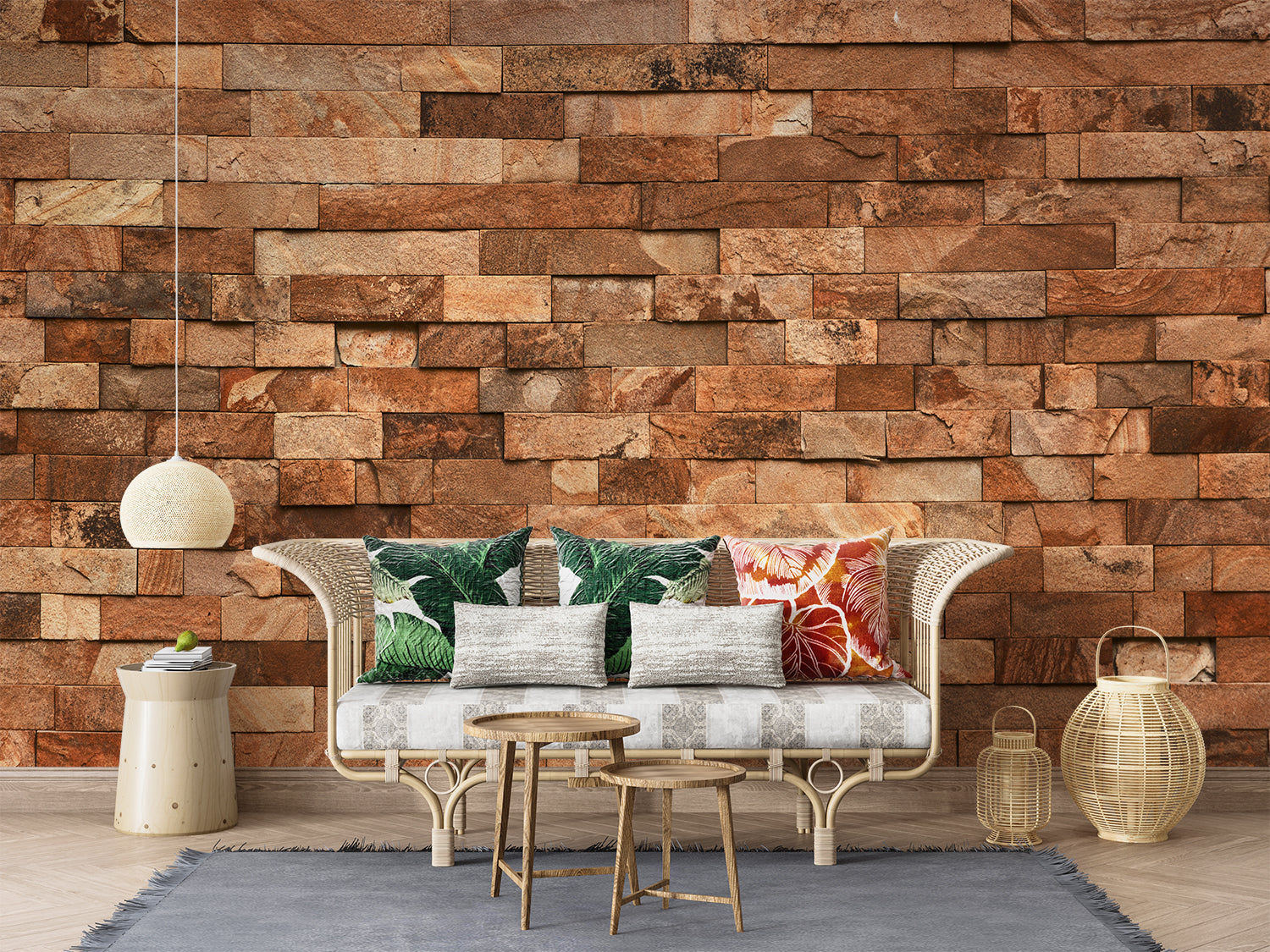 Rustic terracotta stone mural wallpaper in a Mediterranean-style dining room