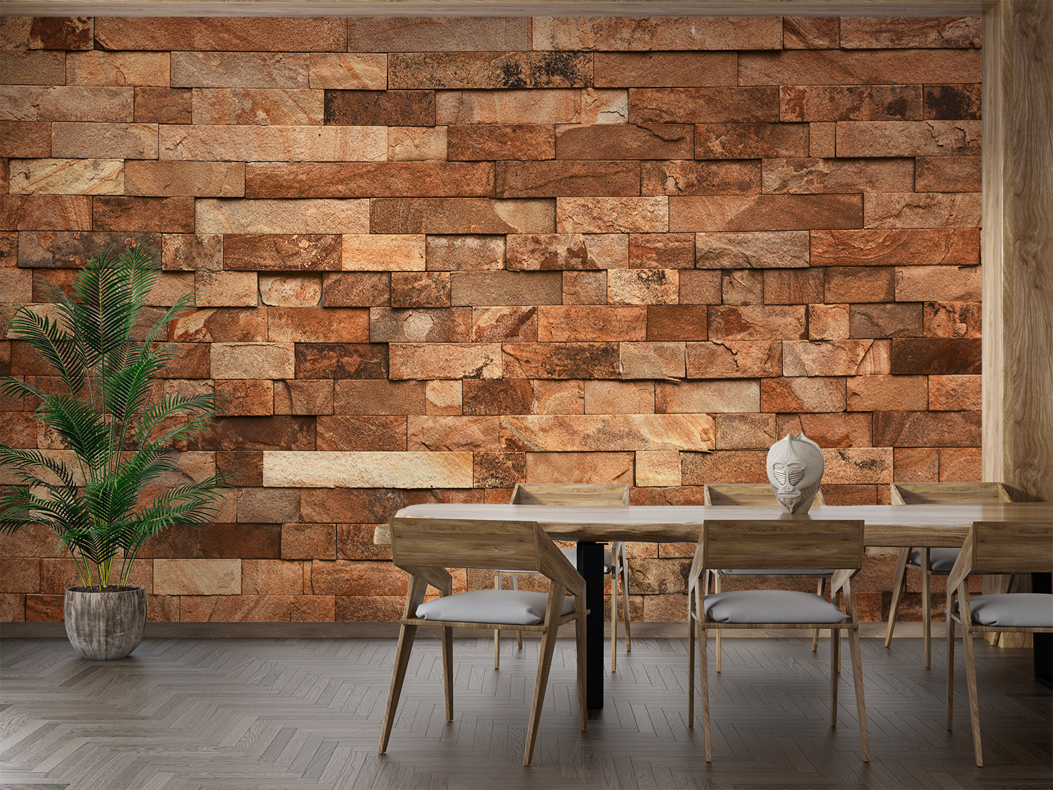 Stone effect wallpaper adding warmth to a minimalist bedroom space