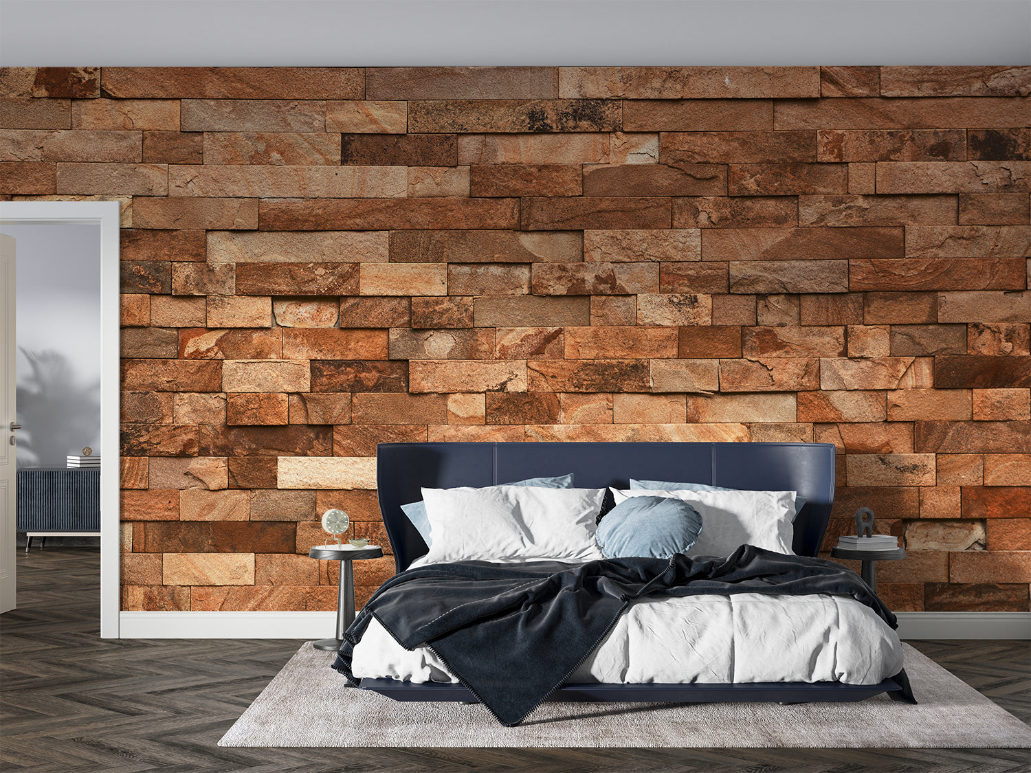 Terracotta stone wallpaper transforming an entrance hallway
