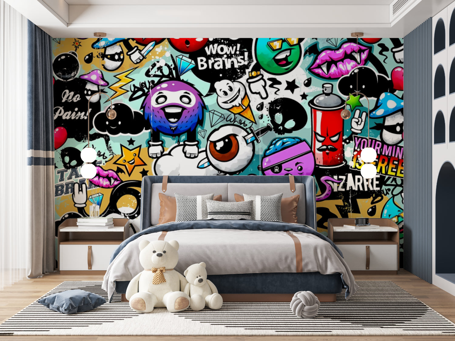 Street art graffiti wallpaper creating bold impact in modern teen bedroom with gaming setup