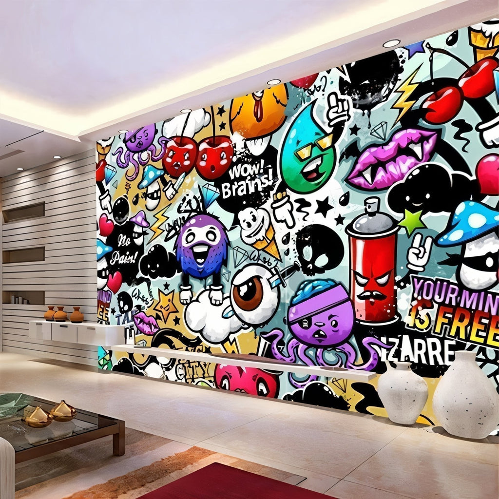 Colorful graffiti mural wallpaper in contemporary game room setting