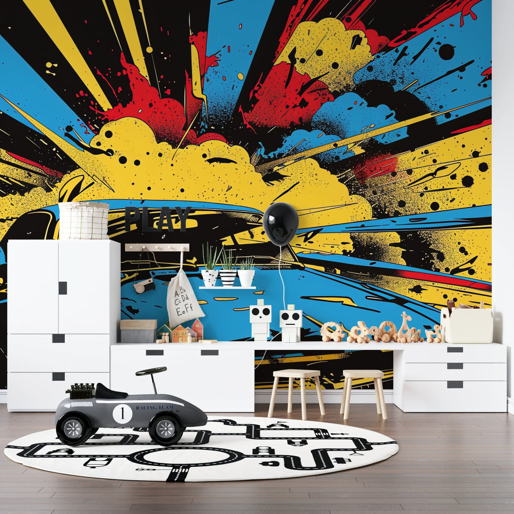 Street art graffiti wallpaper bringing urban vibes to a modern living room with dramatic lighting