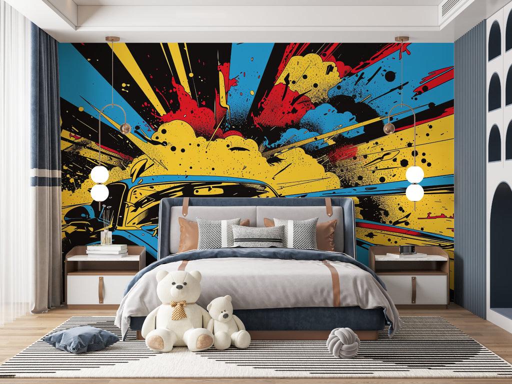Graffiti car design wallpaper making a bold statement in a teen bedroom setup