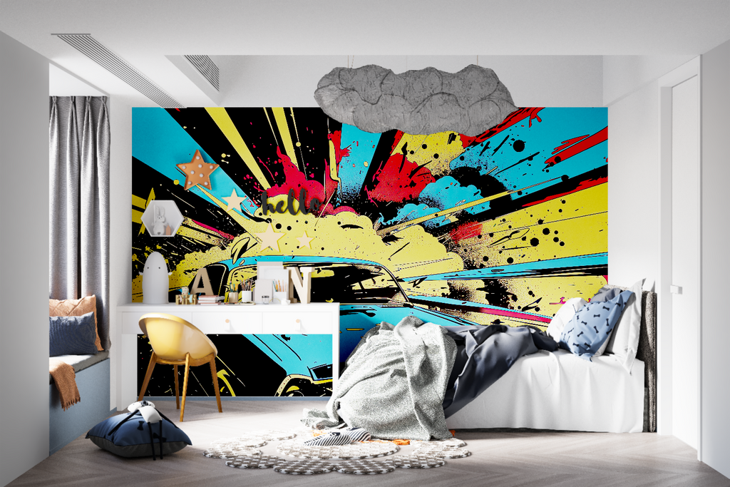 Urban street art wallpaper transforming a gaming room with explosive colors