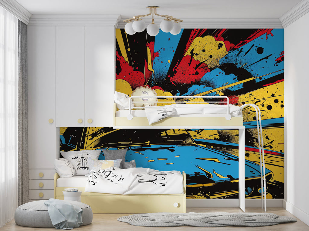 Graffiti explosion wallpaper creating energy in a modern dining space