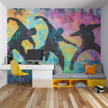 Street art wallpaper with dancers in modern living room, creating bold urban atmosphere