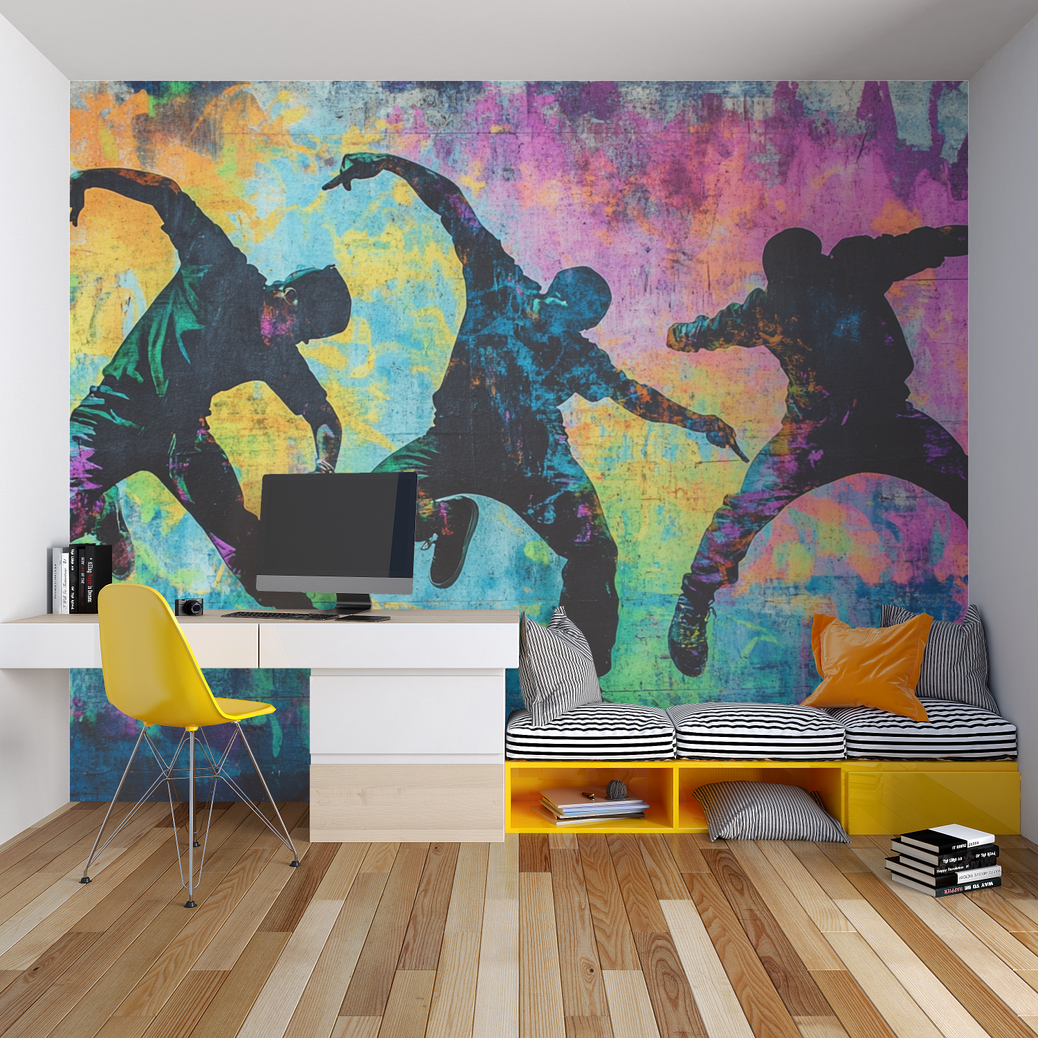 Street art wallpaper with dancers in modern living room, creating bold urban atmosphere