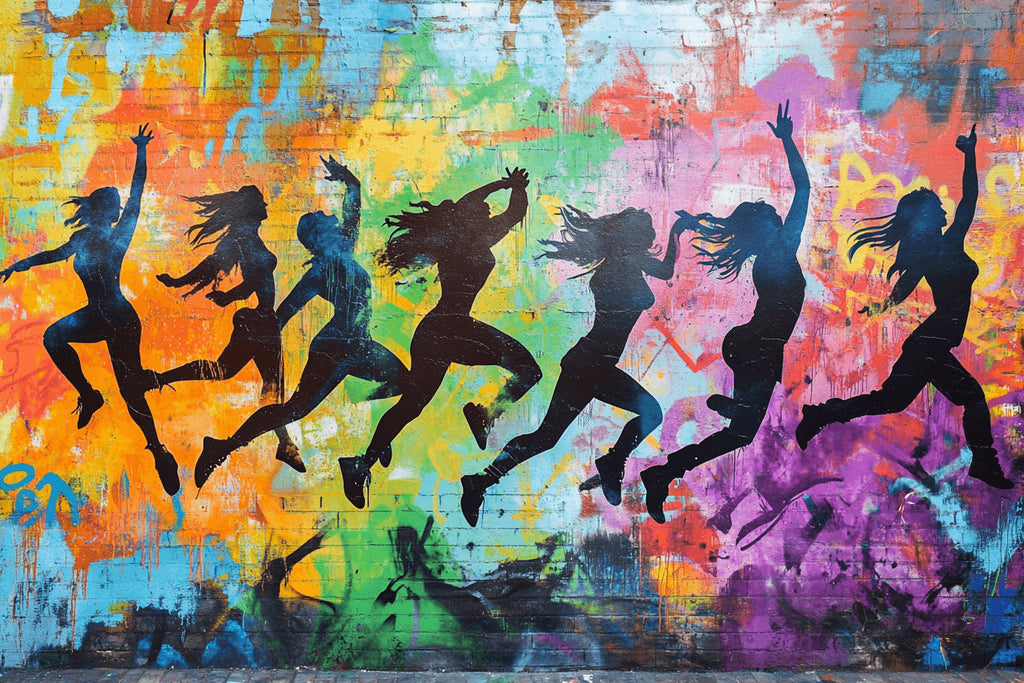 Design file showing detailed rainbow graffiti pattern with dancing silhouettes