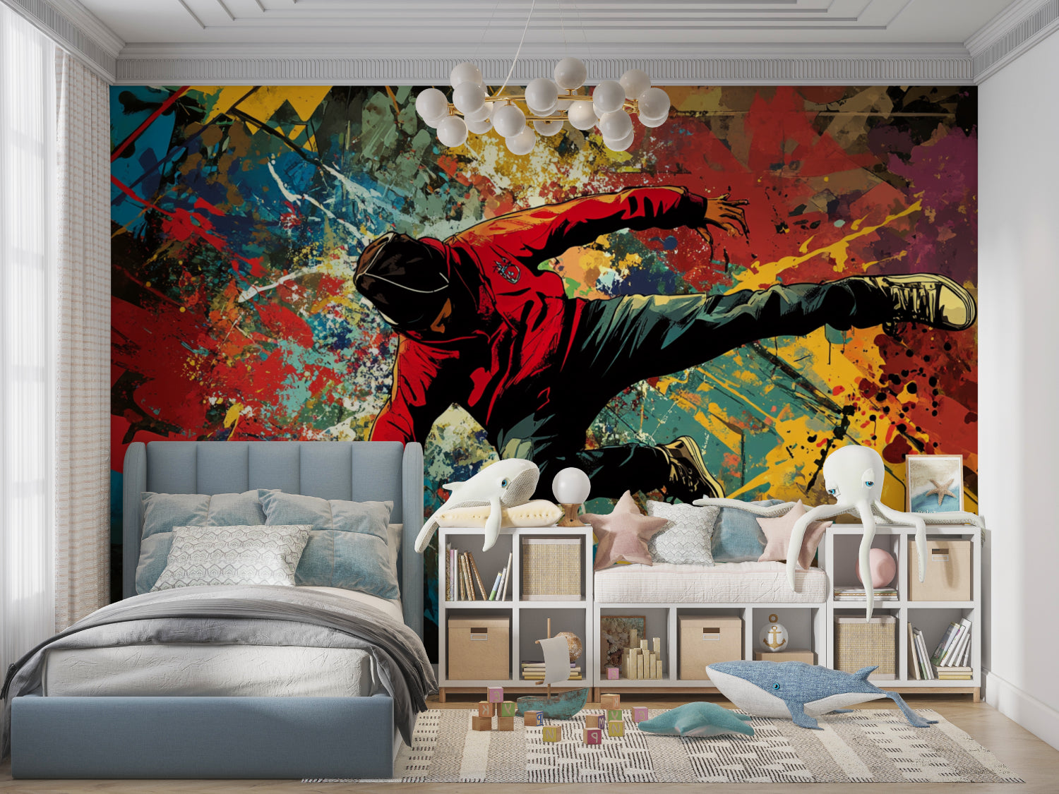 Urban graffiti wallpaper transforming a dance studio with dynamic street art design