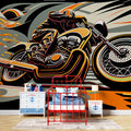 Street art motorcycle wallpaper creating a bold statement in a modern gaming room with orange and black tones