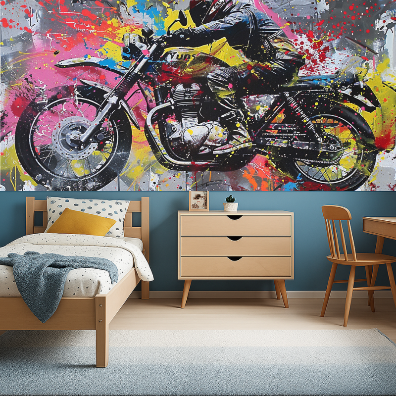 Urban street art wallpaper transforming home office with dynamic motorcycle design