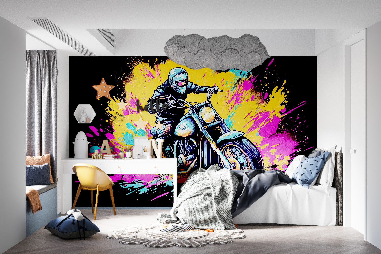 Urban motorcycle wall mural bringing energy to a home office space