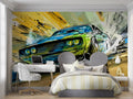 Street art racing car wallpaper bringing urban style to modern teen bedroom, blue and neon accents pop against white walls