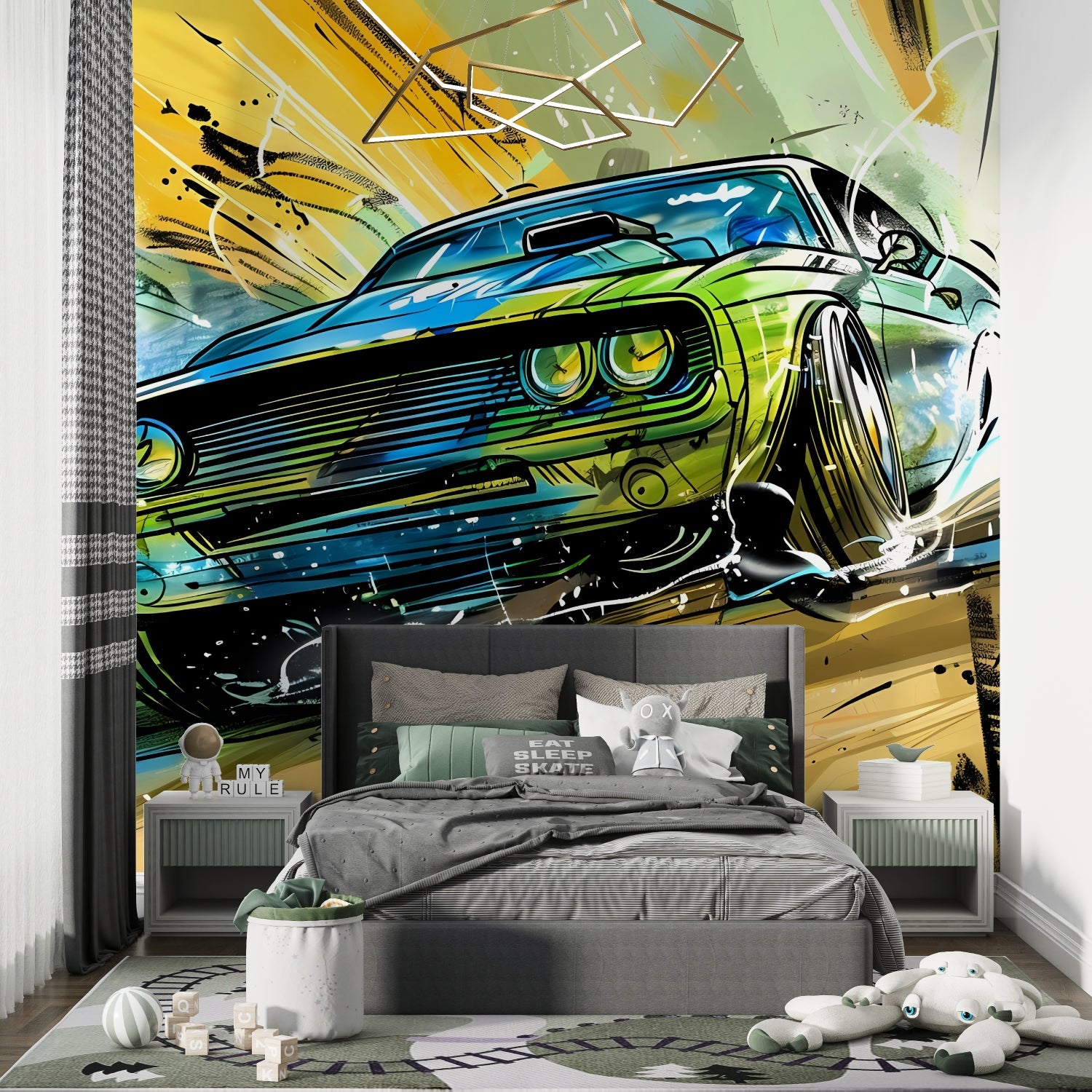 Street art wallpaper with racing car design making a bold statement in home office