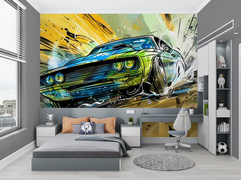Racing car graffiti mural creating eye-catching feature wall in contemporary living room